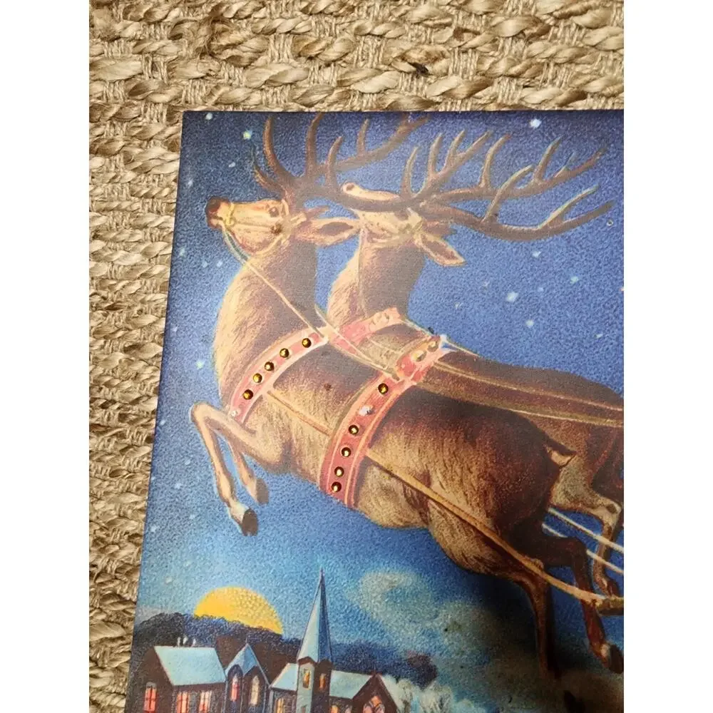 Vtg. Merry Christmas Wall Art Canvas Santa Claus Flying Reindeer Holiday Decor